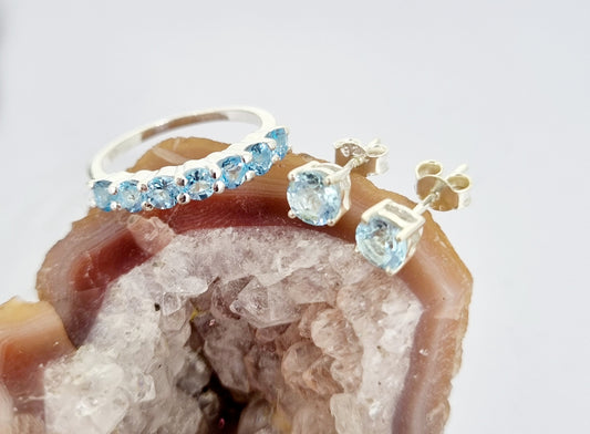 Glistening Blue Topaz Sterling Silver Ring & Earrings