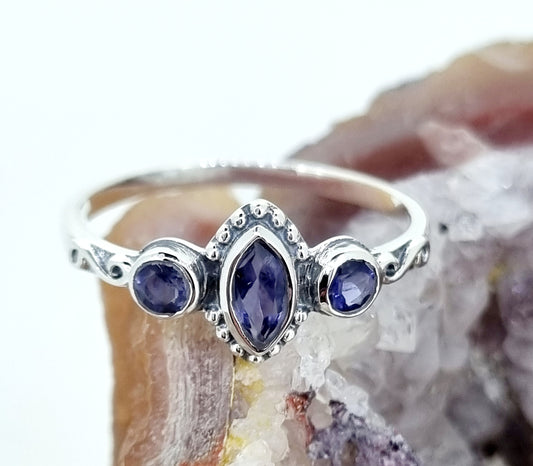 Iolite (Water Sapphire) 925 Sterling Silver Pressed Band Petite Ring
